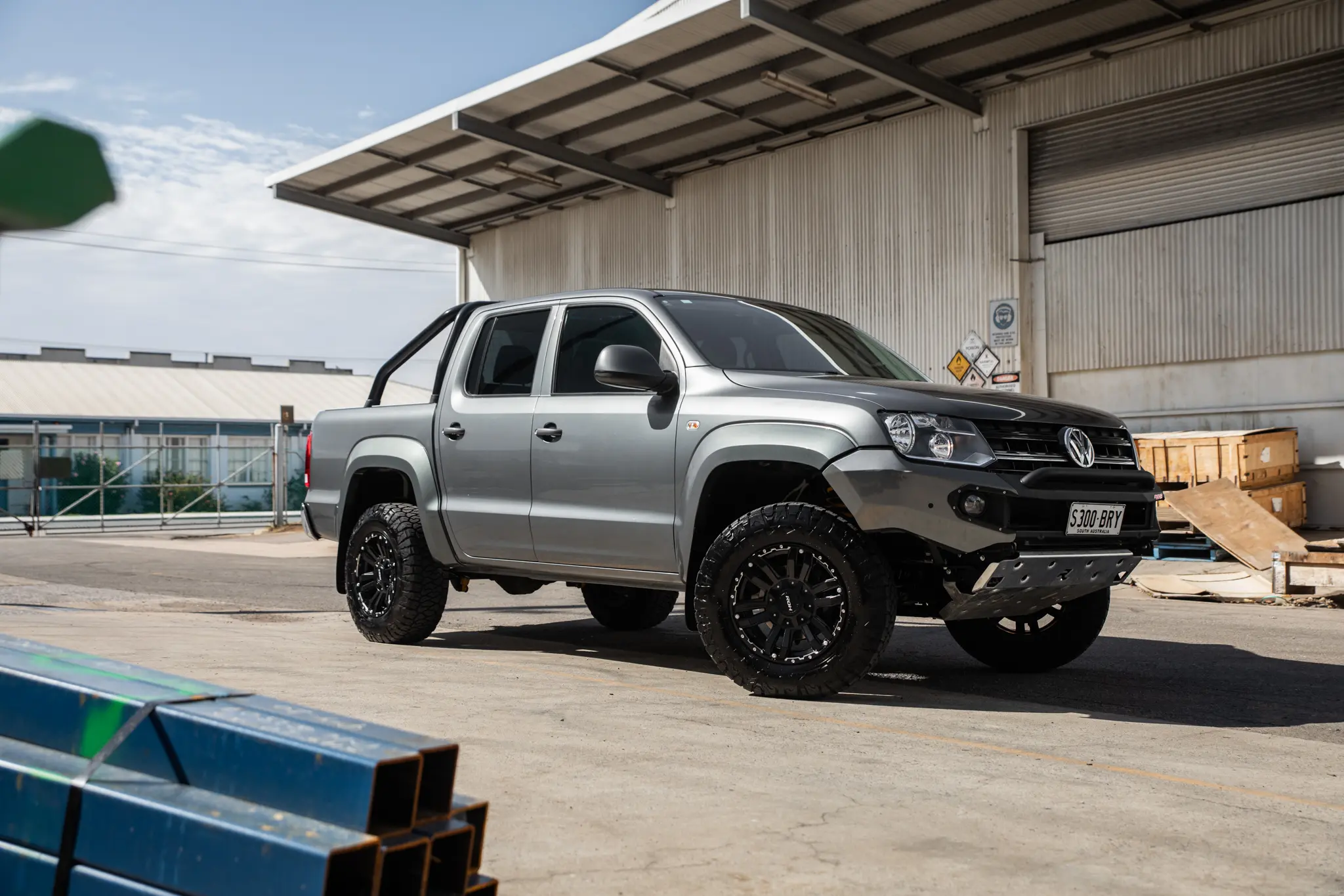 Volkswagen Amarok with 17x9 +30 ROH Vapour Matte Black Machined Accents Wheel in industrial area