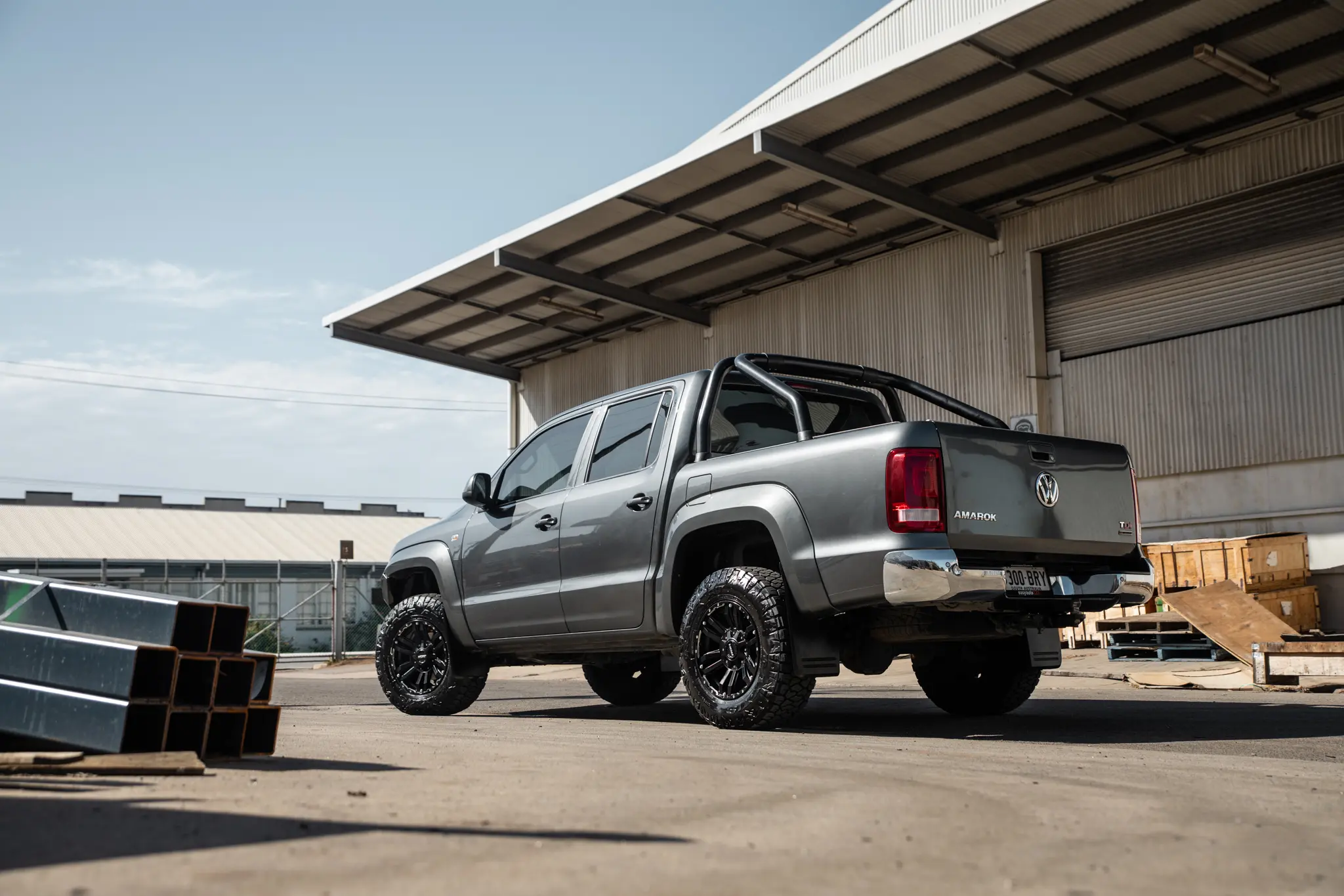 Volkswagen Amarok with 17x9 +30 ROH Vapour Matte Black Machined Accents Wheel in industrial area