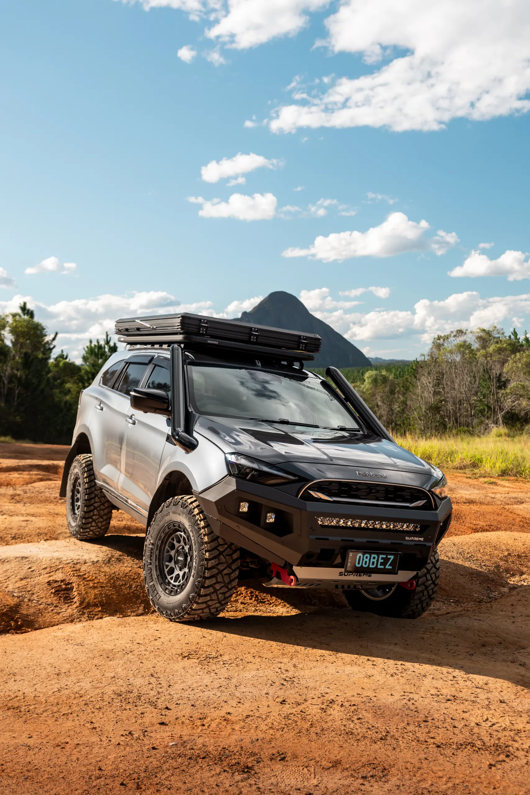 Grey Isuzu MU-X with ROH Atlas 4x4 Wheel in Graphite Centre Black Lip finish off road