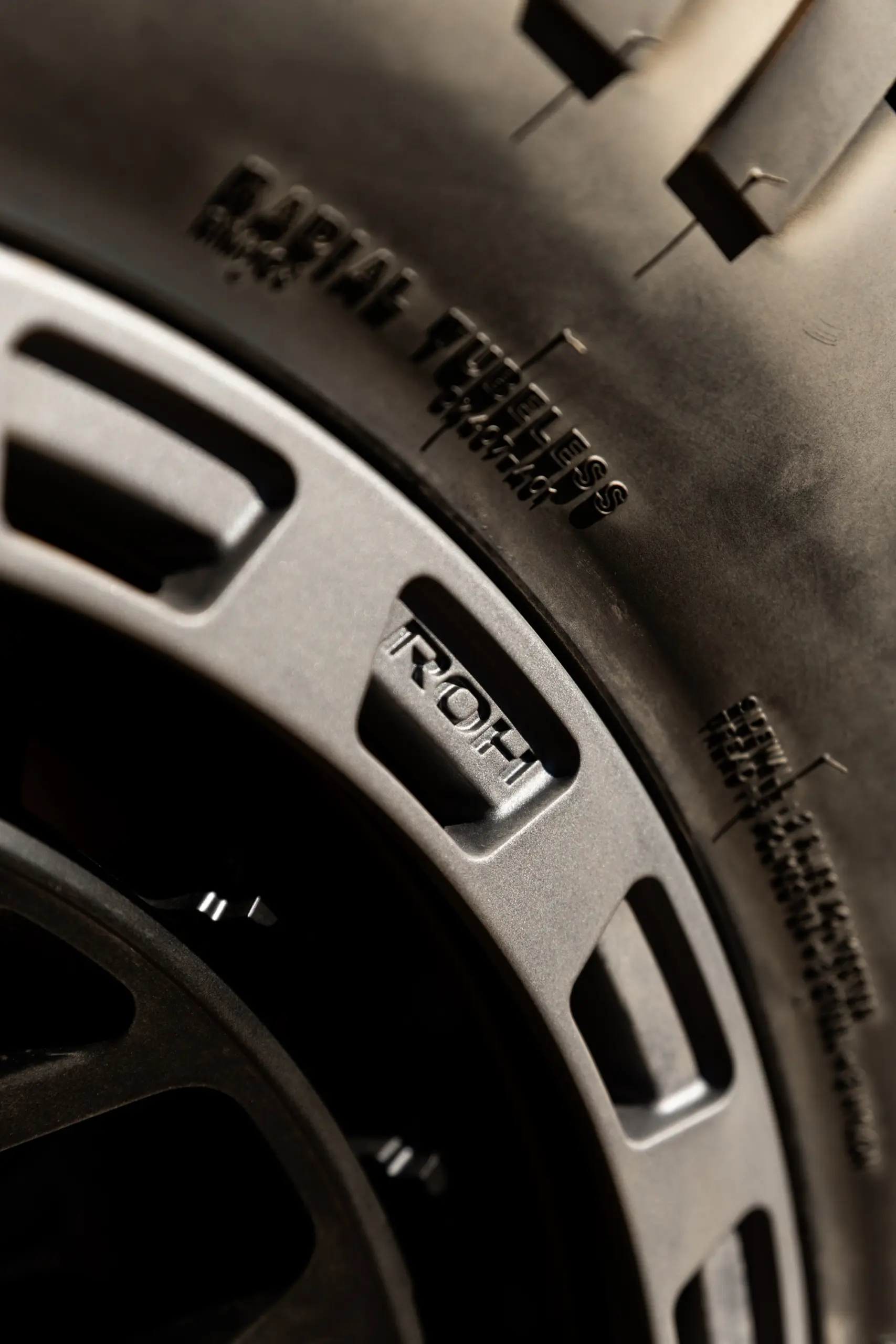 Close-up of ROH logo on 17x9 +12 ROH Atlas 4x4 Wheel in Black Centre Graphite Lip finish