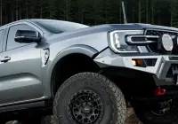 Silver Ford Ranger Next-Gen with 17x9 +12 ROH Atlas 4x4 Wheel in Matte Black in forest