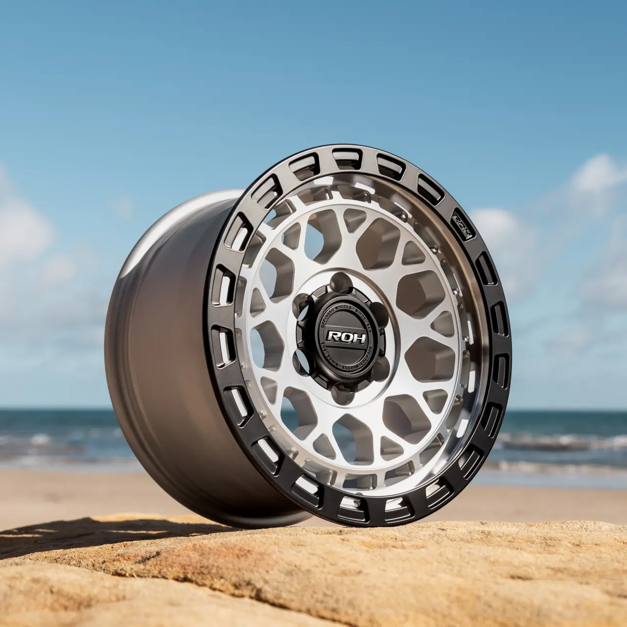 ROH Atlas Machined Centre Black Lip 4x4 Wheel on Beach
