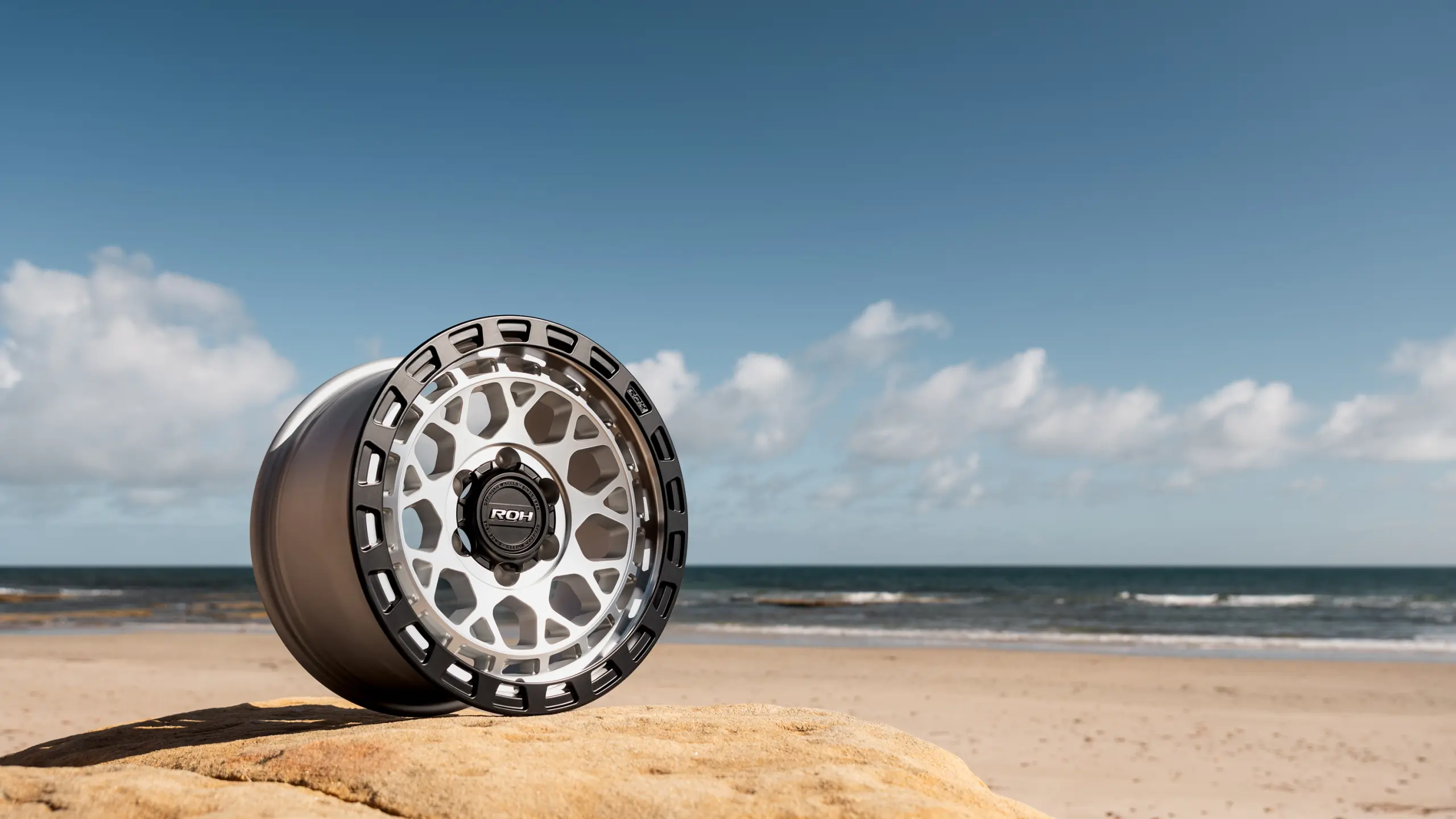 ROH Atlas Machined Centre Black Lip 4x4 Wheel on Beach
