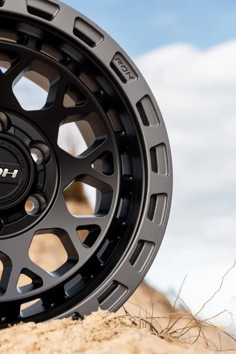 ROH Atlas Black Centre Graphite Lip 4x4 Wheel on Sand Dunes