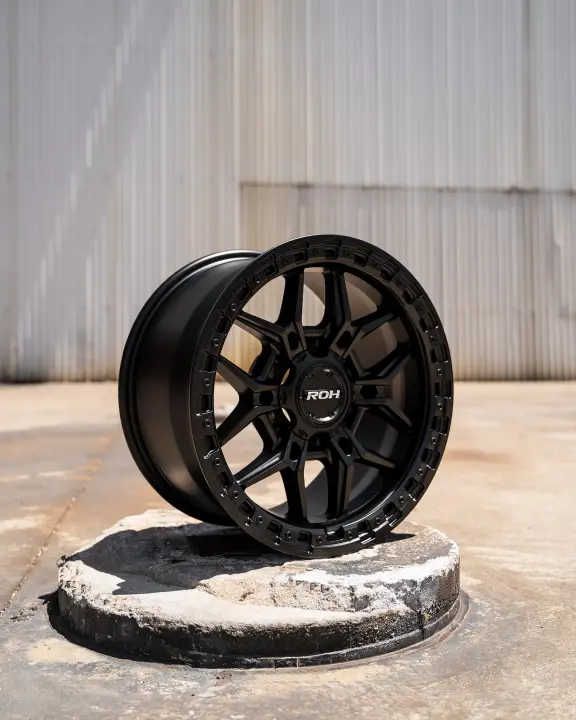 ROH Axe Matte Black 4x4 Alloy Wheel on concrete