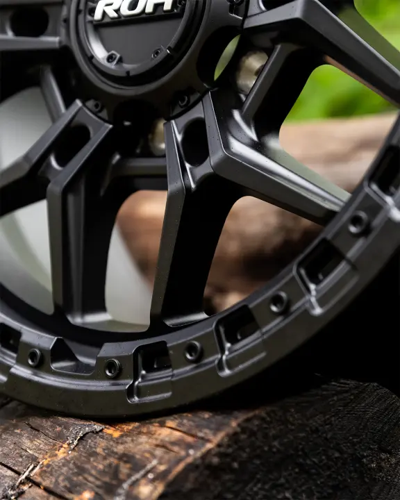 Close Up Image of spokes on ROH Axe Matte Black 4x4 Alloy Wheel
