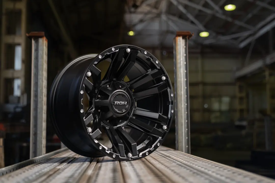ROH Vapour 4x4 Alloy Wheel Matte Black Machined Accents on shelving in warehouse