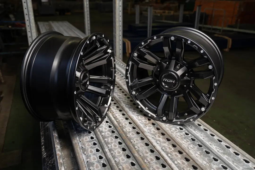 ROH Vapour 4x4 Alloy Wheel Matte Black Machined Accents on shelving in warehouse
