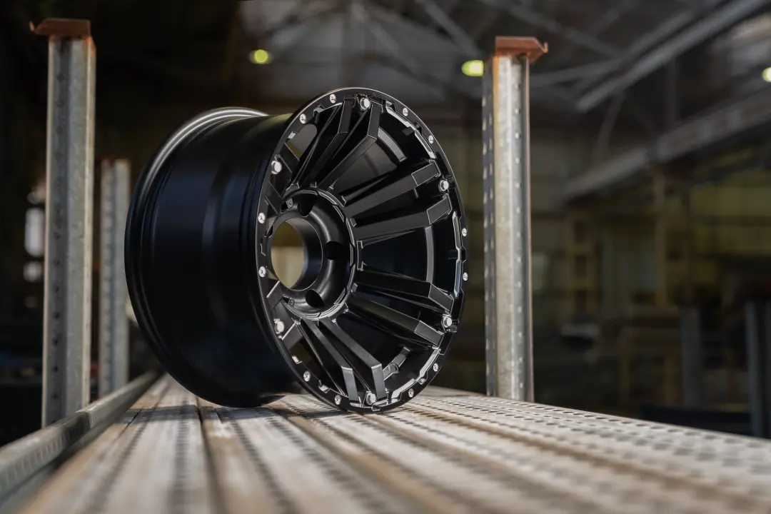 ROH Vapour 4x4 Alloy Wheel Matte Black Machined Accents on shelving in warehouse