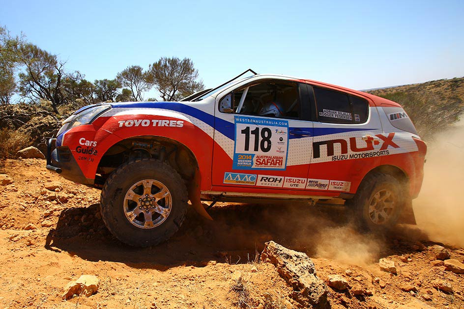 The Isuzu Rally Team MU-X runs ROH Terrain alloy wheels for top reliability.
