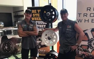Jase and Simon from All4Adventure next to Trak 2 steel wheel stand