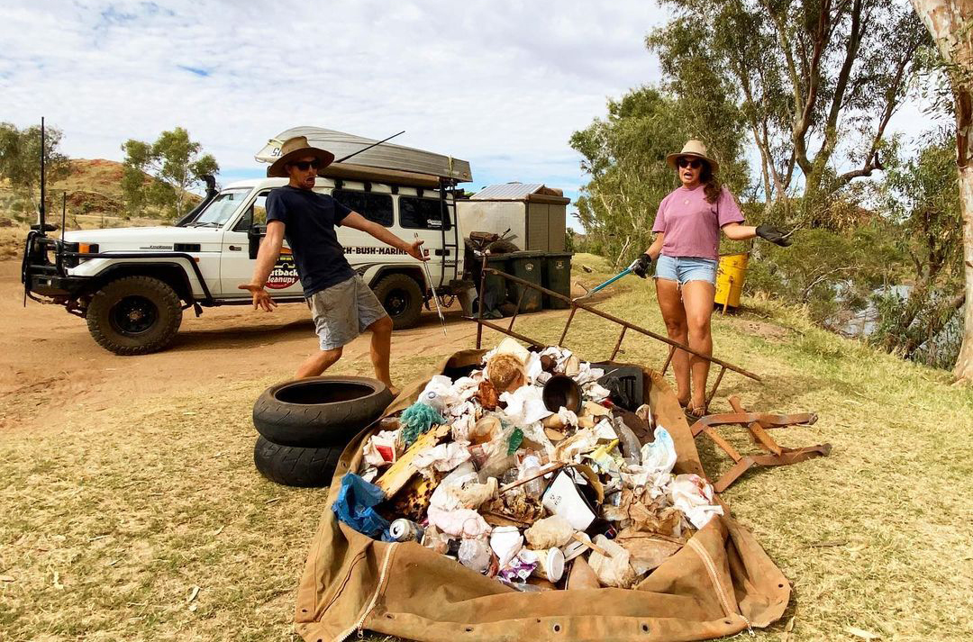 Kimberley and Boe with rubbish they have collected